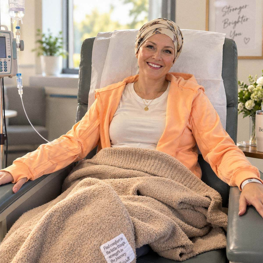 Woman receiving an infusion while wearing a BeWell IV hoodie and cozy treatment blanket
