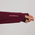 Maroon crewneck sweatshirt with "you matter too" text displayed on the sleeve of an outstretched arm.