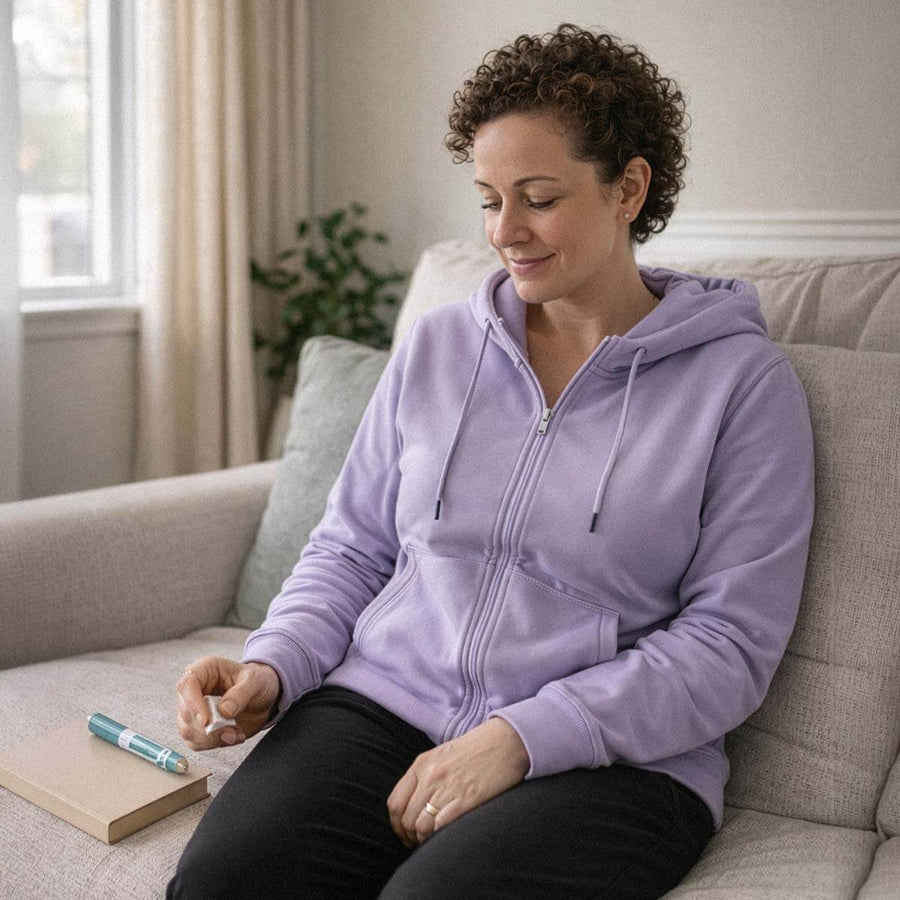 Woman in lavender zip-up hoodie sitting on couch with notebook and pen.