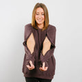 Woman wearing burgundy IV crewneck with open side zippers for medical access, front view.