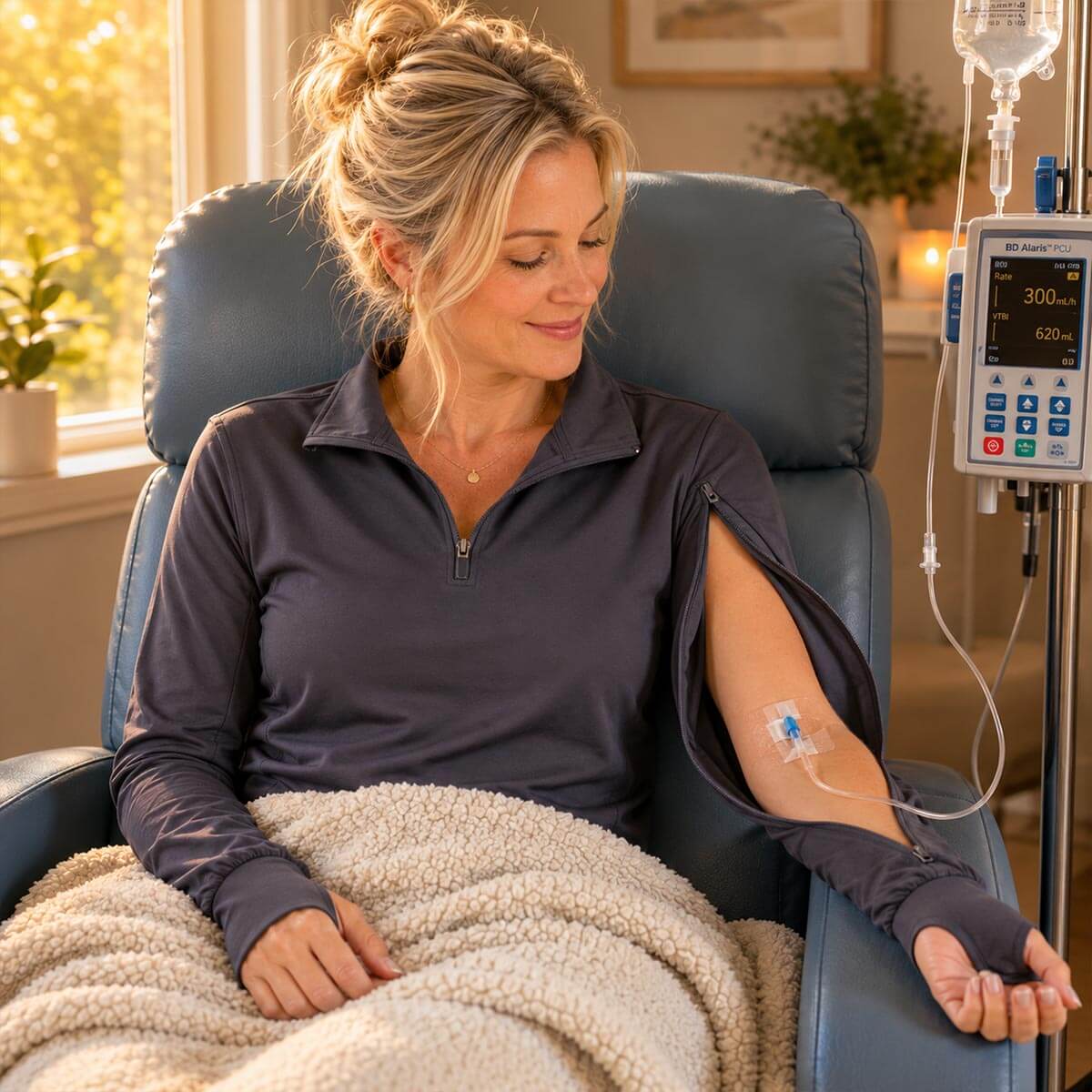 A woman in her mid-30s sits relaxed in a blue infusion chair, smiling softly, wearing a graphite BeWell IV Quarter Zip pullover with the inner arm zipper open to allow IV access at her forearm, a cream sherpa blanket across her lap, warm sunlight coming through a window behind her.