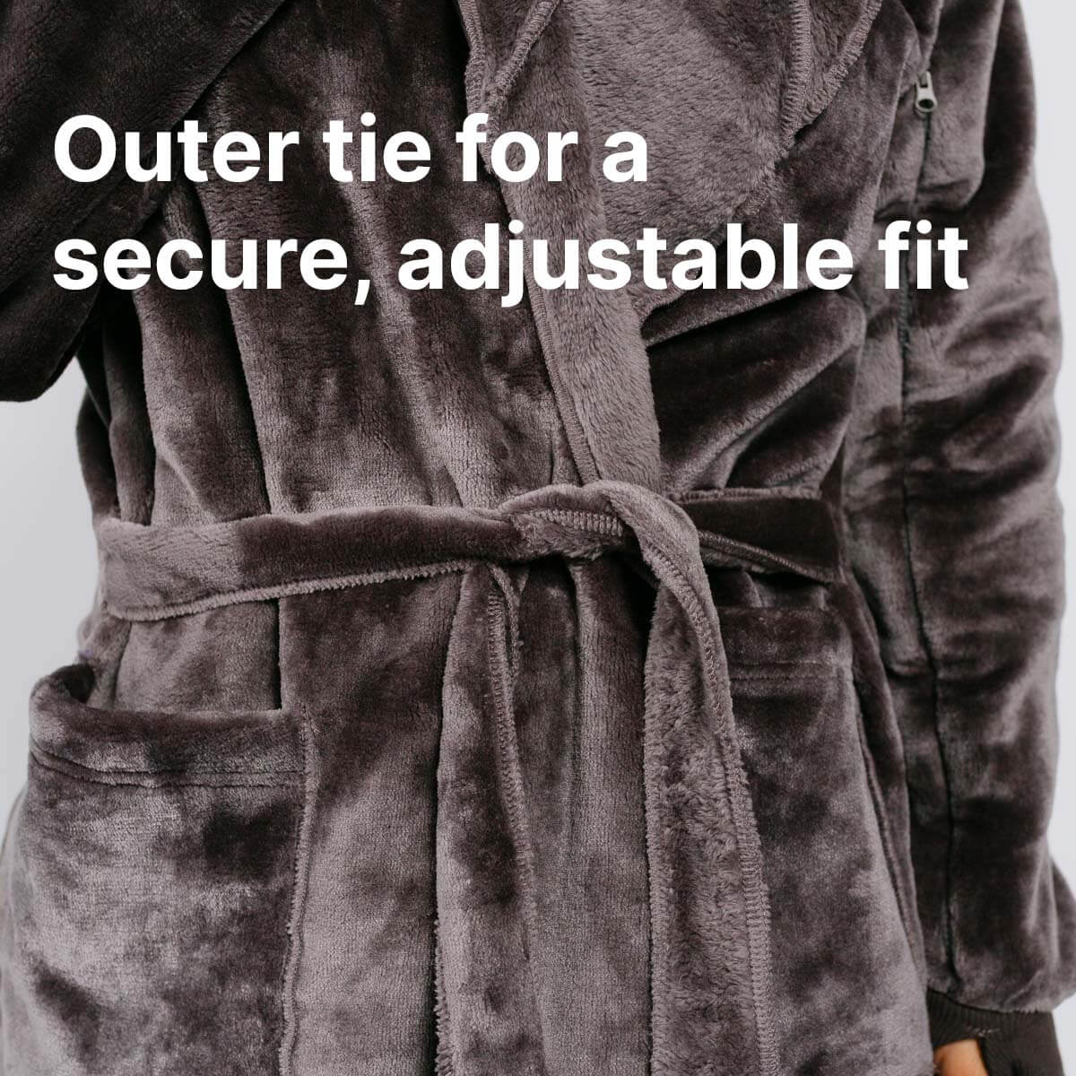 Charcoal velvet robe with outer tie belt around the waist for secure fit adjustment.