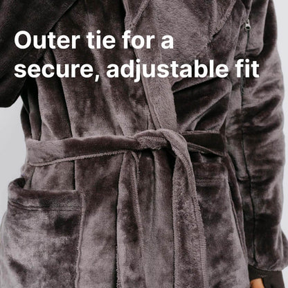 Charcoal velvet robe with outer tie belt around the waist for secure fit adjustment.