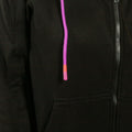 Black IV zip hoodie with colorful drawstring and side zipper detail visible.