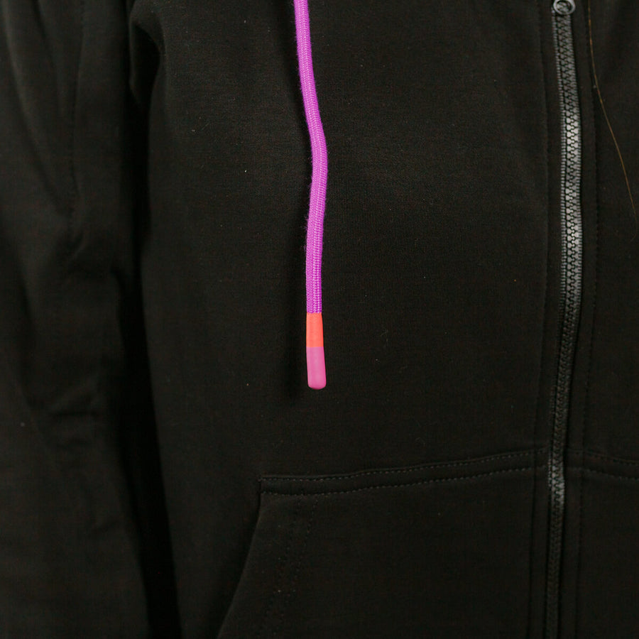 Black IV zip hoodie with colorful drawstring and side zipper detail visible.