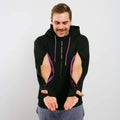 Man wearing a black sleeveless hoodie with purple accents on a plain background | Model is 5'8" 165lbs wearing size M