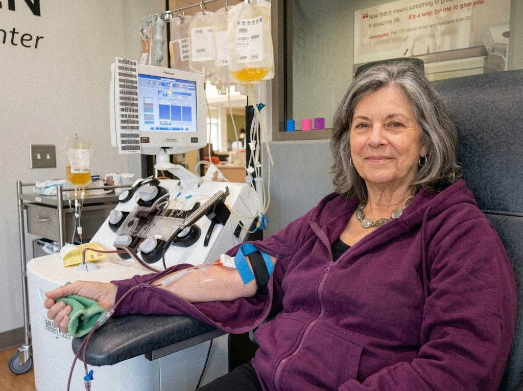 A girl wearing a black BeWell IV Zip Hoodie with while getting her treatment, giving a peace sign.