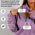 Woman wearing purple hoodie demonstrating dual front zippers closing around medical lines.