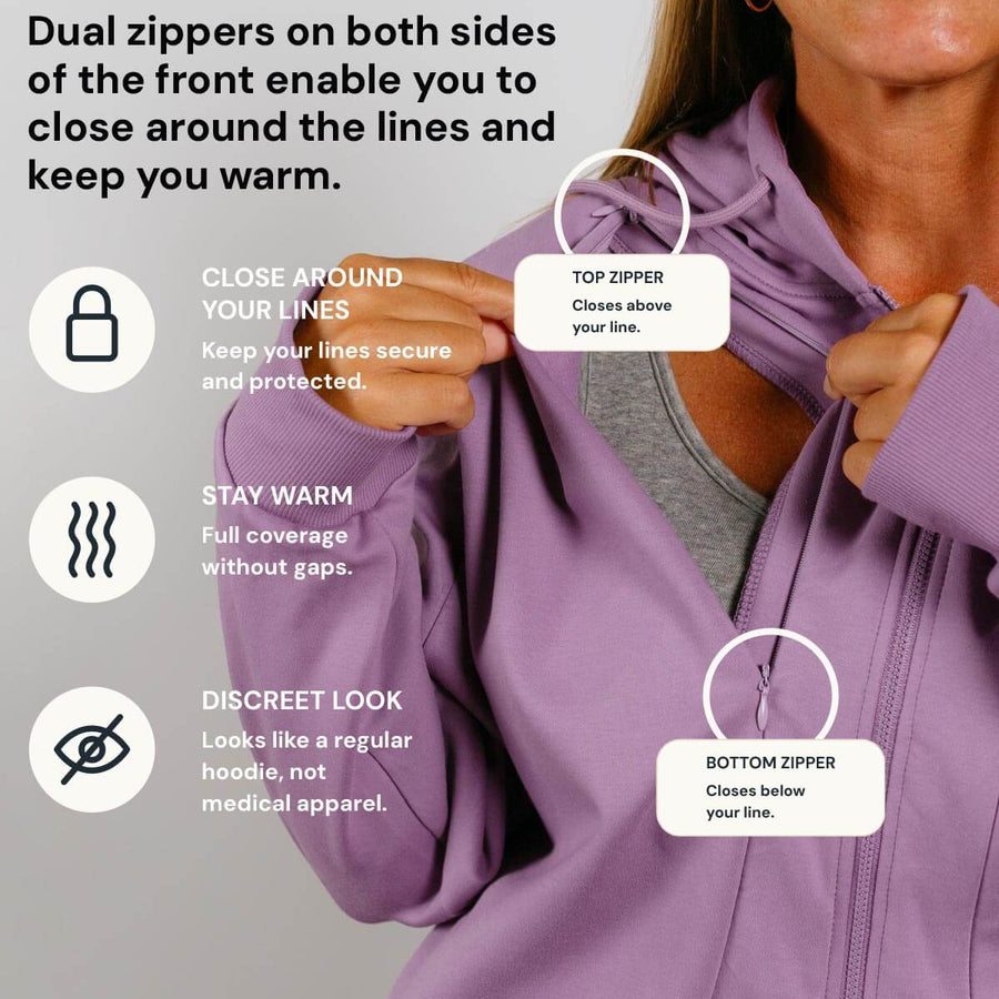 Woman wearing purple hoodie demonstrating dual front zippers closing around medical lines.