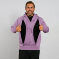 Man wearing lavender zip hoodie over black shirt, giving double thumbs up against white background.  | Model is 5'8" 165lbs wearing size M