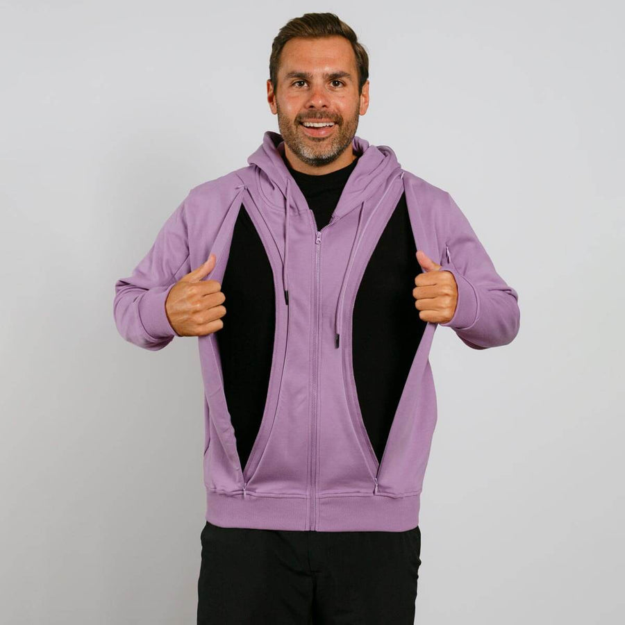 Man wearing lavender zip hoodie over black shirt, giving double thumbs up against white background.