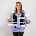 Woman wearing light purple crewneck sweatshirt with labeled medical access points and tubes printed across chest and torso.