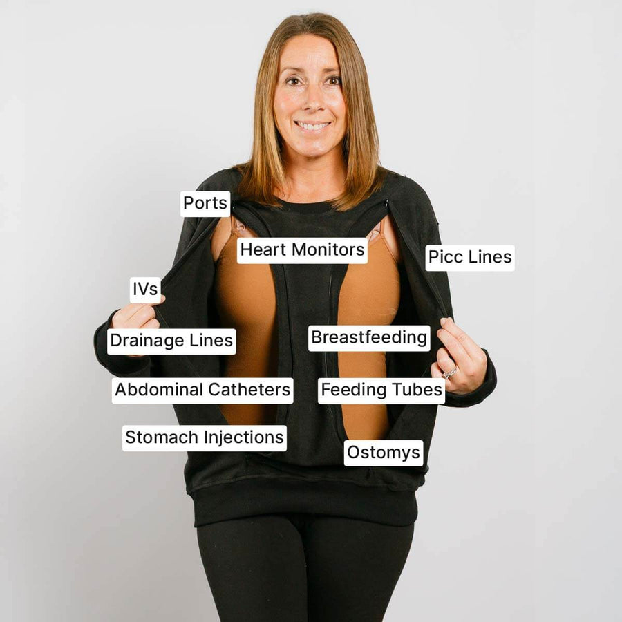 Woman wearing black crewneck with labeled medical access ports and treatment sites visible.