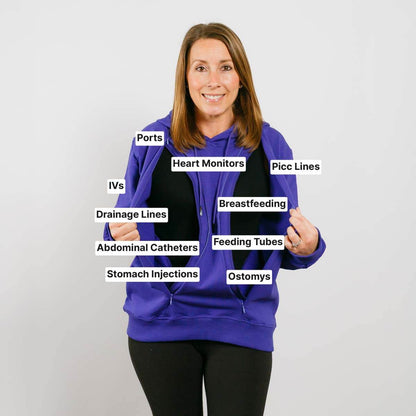 Woman wearing purple hoodie with labeled medical equipment illustrations including ports, heart monitors, IVs, and feeding tubes.