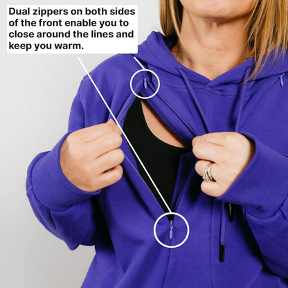 Woman wearing purple hoodie demonstrating dual front zippers that close around neckline.