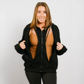 Woman wearing a black zip-up hoodie over a brown top on a plain  #NEW  | Model is 5'3" 130lbs wearing size S