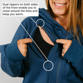Woman wearing navy zip hoodie with dual front zippers highlighted by circles.