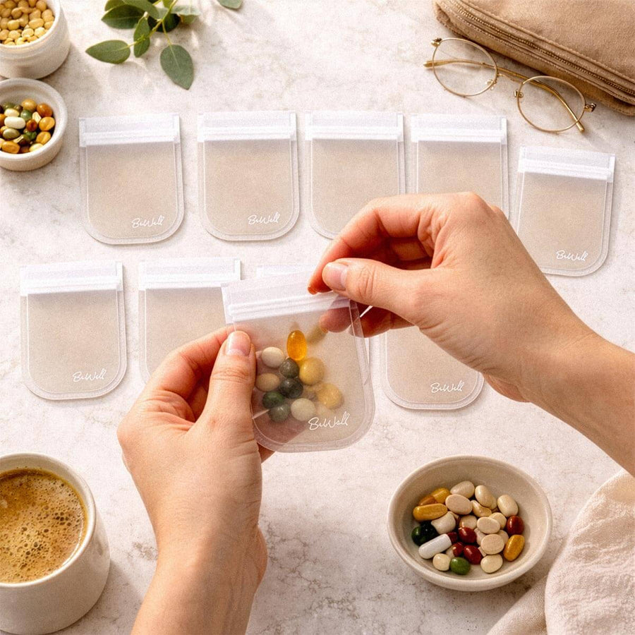 Hands holding clear mini pill pouch with multicolored pills, nine additional pouches arranged on marble surface.