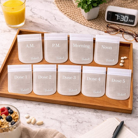 Wooden organizer tray with ten clear pill pouches labeled for times of day and doses in lifestyle setting.