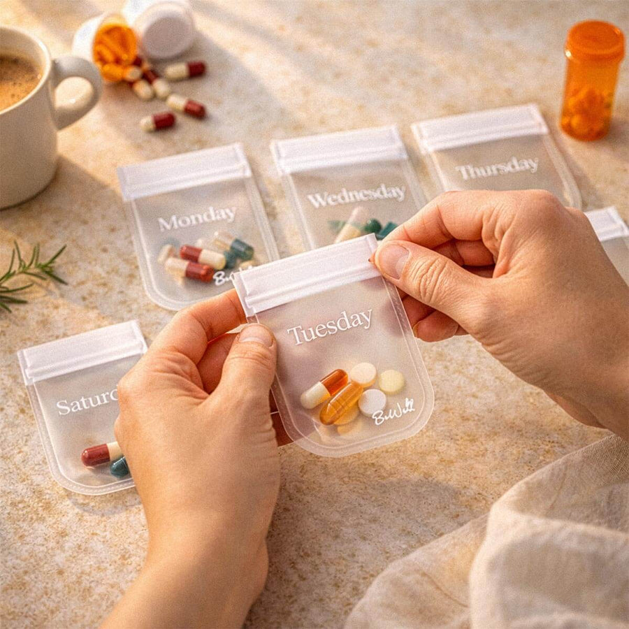 Person's hands opening clear pill pouch labeled Tuesday from weekly medication organizer set.