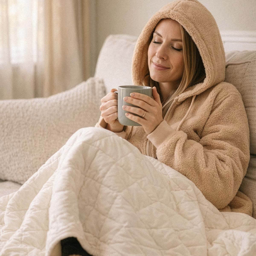 Woman in beige hoodie sitting on couch, holding mug, wrapped in cream blanket.