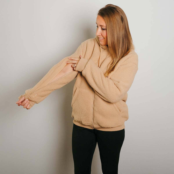 Sherpa IV Zip Hoodie Beige | Model is 5'3" 130lbs wearing size S
