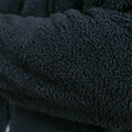 Close-up of dark gray sherpa hoodie fabric texture and weave detail.