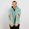 Man wearing a light blue hoodie with cut-out design on a plain background | Model is 5'8" 165lbs wearing size M