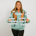 Woman wearing seafoam color zip hoodie with labeled medical devices and procedures marked on her body.