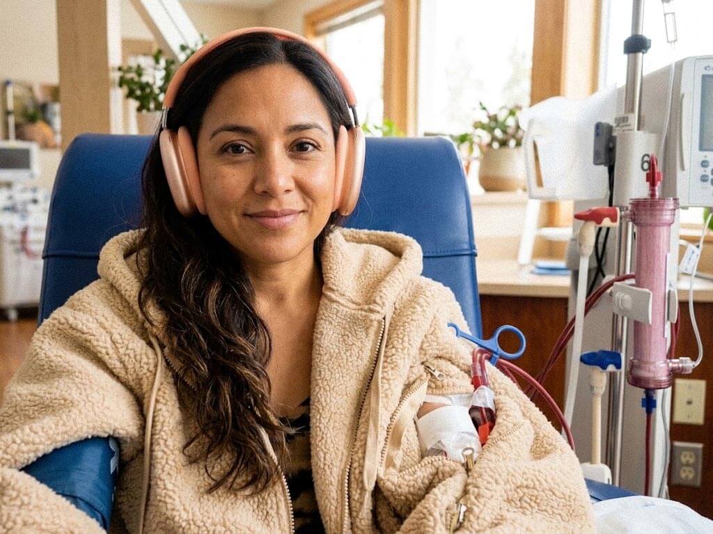 Woman wearing a cozy beige Sherpa IV Zip Hoodie seated in an infusion treatment chair, with an IV line connected through the discreet sleeve opening while her arm stays covered and warm.