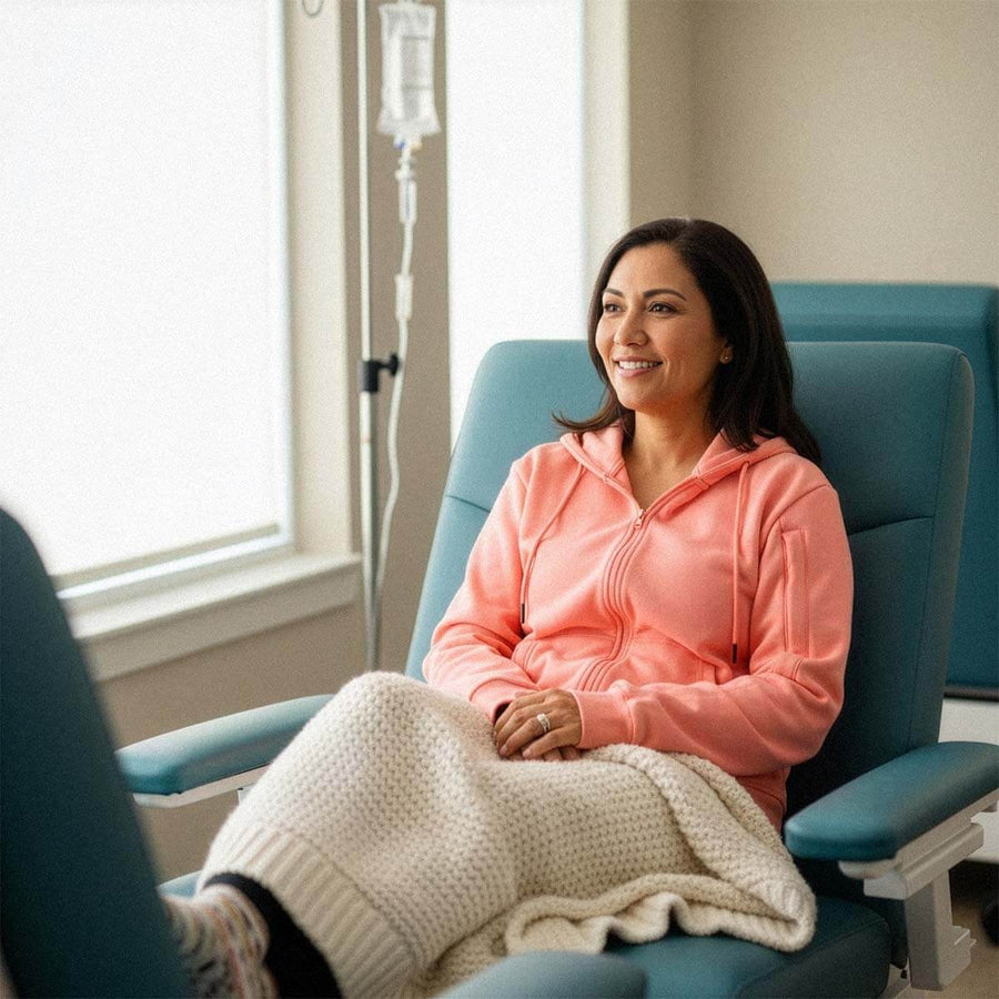 Woman in coral hoodie smiling while seated in teal medical chair with IV stand.