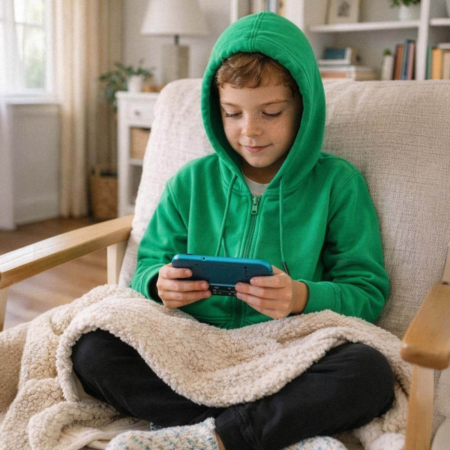 Child in green hoodie sitting on couch playing handheld video game with blanket.