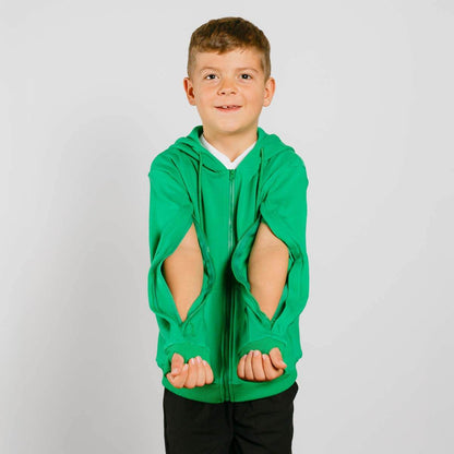 #NEW Child wearing a green hoodie with cut-out design on a plain background | Model is age 8, 4'2" 66lbs wearing size L