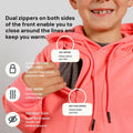 Young boy wearing a coral hoodie with dual front zippers highlighted and labeled.