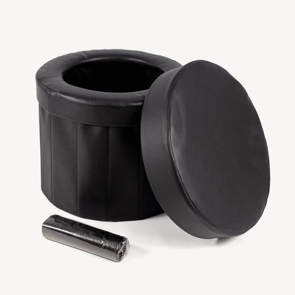 Black portable toilet with lid and disposal bags.